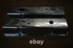 Chevrolet Skull Flames SB Tall Valve Covers Breathers PCV Chevy 350 383 400 283
