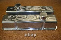 Chevy SB SH Skull Flames Small Block Stock Height Breathers PCV Valve Covers