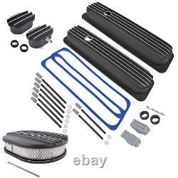 For SBC 350 Short Valve Cover & 12 Half Finned Air Cleaner & Breather Kit Black