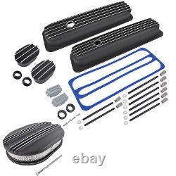 For SBC 350 Short Valve Cover & 12 Half Finned Air Cleaner & Breather Kit Black