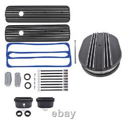For SBC 350 Short Valve Cover & 12 Half Finned Air Cleaner & Breather Kit Black