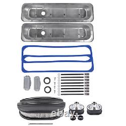 For SBC 350 Short Valve Cover & 12 Half Finned Air Cleaner & Breather Kit Black