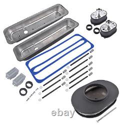 For SBC 350 Short Valve Cover & 12 Half Finned Air Cleaner & Breather Kit Black
