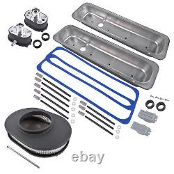 For SBC 350 Short Valve Cover & 12 Half Finned Air Cleaner & Breather Kit Black