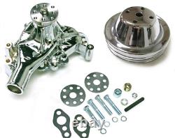 Small Block Chevy CHROME Long Aluminum Water Pump + 2 Groove Chrome Pulley Kit