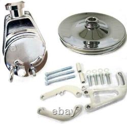 Small Block Chevy Chrome Saginaw Power Steering Pump + Keyway Pulley Bracket Kit