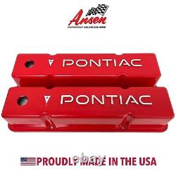 Small Block Chevy Tall RED Valve Covers, Pontiac RAISED Logo (FOR CHEVY ENGINES)