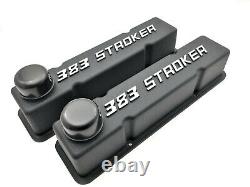 Stroker Engine SB Chevy Valve Covers SBC 383 Logo Die Cast Aluminum Black