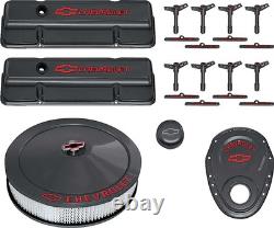 Ensemble de décoration de moteur Chevrolet Small Block avec finition noire texturée et couvre-culasse haut.